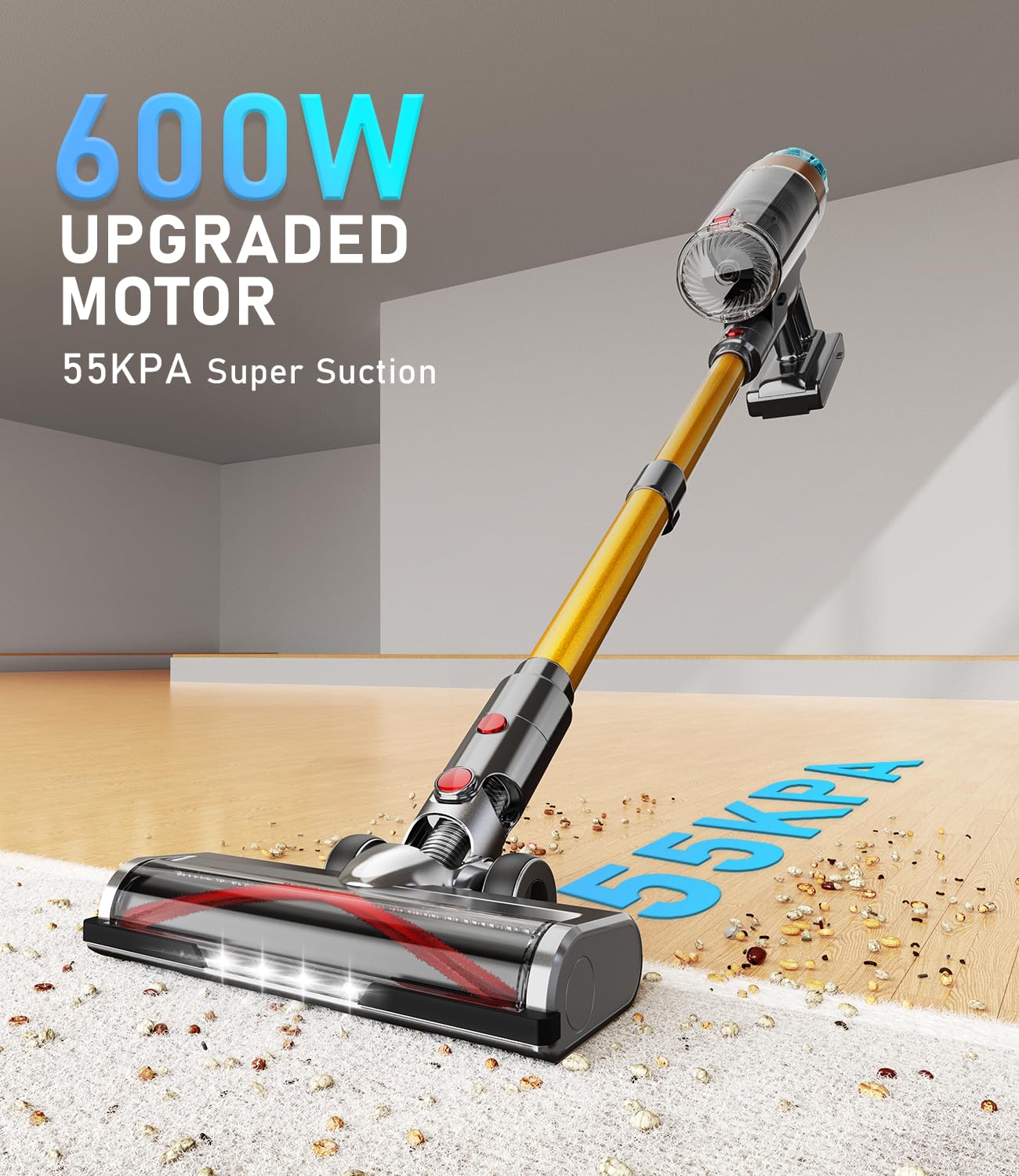 55000Pa/600W Akku Staubsauger Kabellos 55Mins Laufzeit, Wandmontierte Ladestation, Akkustaubsauger Cordless Vacuum Cleaner mit Smart Display Anti-Verhedderung-Bürste für Teppich Hartboden Tierhaare