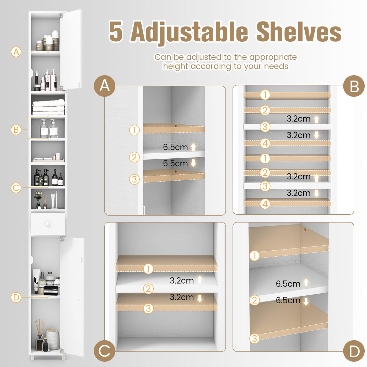 GIANTEX Badschrank Hochschrank, 20 x 20 x 180 cm, Badezimmerschrank Schmal mit Schublade, 2 Türen & 5 offenen Ablagen, Schrank fürs Badezimmer & Wohnzimemr (Weiß)