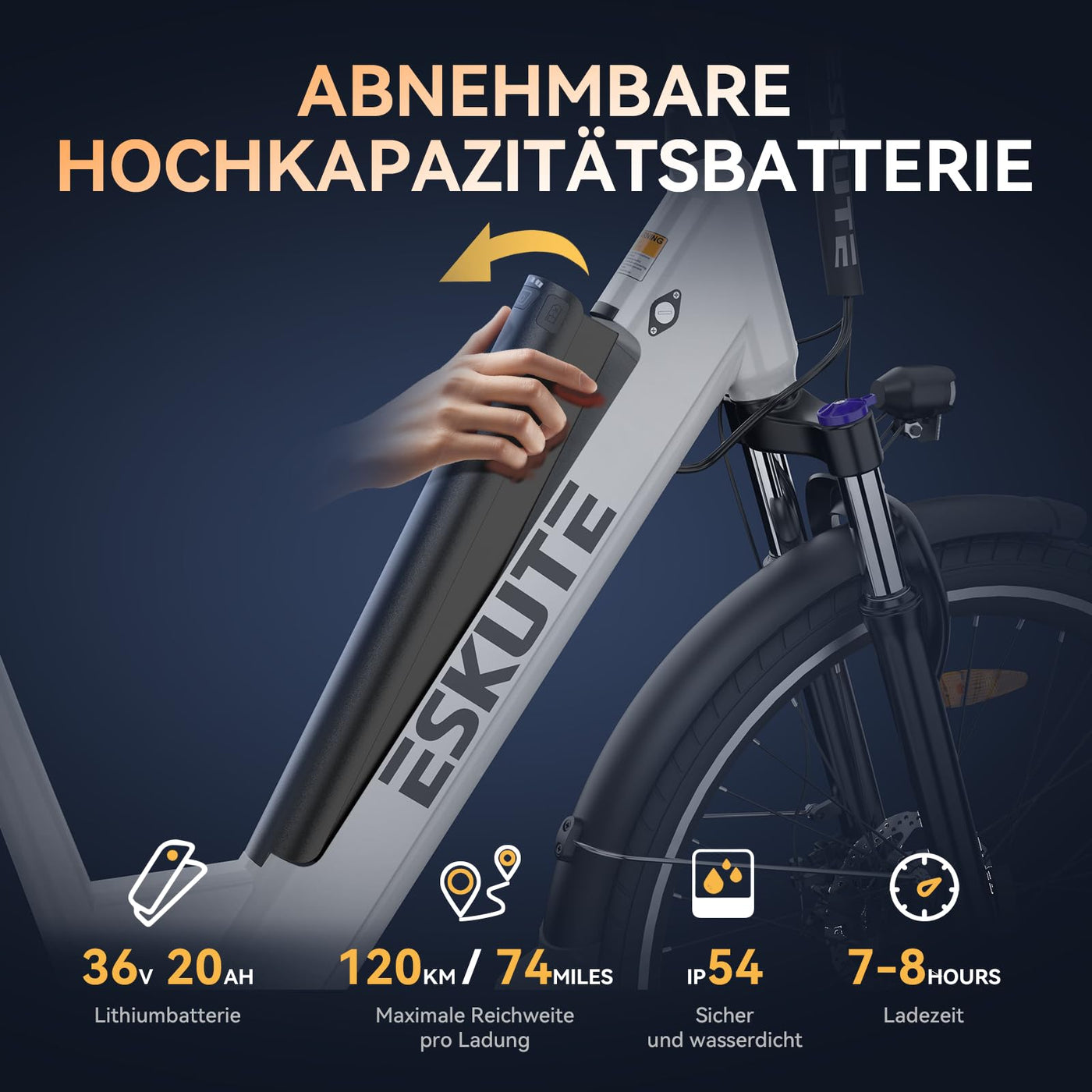 ESKUTE Elektrofahrrad 26 Zoll Polluno Plus, Pendlerfahrrad, E-Cityrad, Elektrisches Stadtrad mit 36V, 20Ah Li-Ion Akku, Hybridmodus Reichweite bis zu 120KM, EU-konformes E-Bike, Weiß