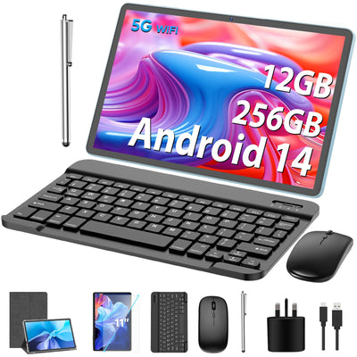 Android Tablet,11 Zoll Tablet Android 14 mit Tastatur, 12GB+256GB, 1TB Expand, Tablet PC mit Octa-Core, 8000mAh, 2.4G/5G WiFi, 13MP+5MP Kamera, 2 in 1 Tablet mit Tastatur Tasche, Maus, Stylus(Silber)