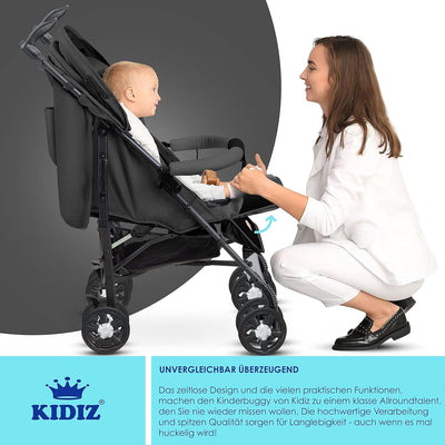 KIDIZ® Kinderwagen City-Pro Buggy Kinderbuggy klappbar Liegebuggy Sportwagen Faltbar 360° 6-Zoll-Rädern Inkl. Moskitonetz, Fußsack und Regenverdeck zusammenklappbar Schlaffunktion Anthrazit