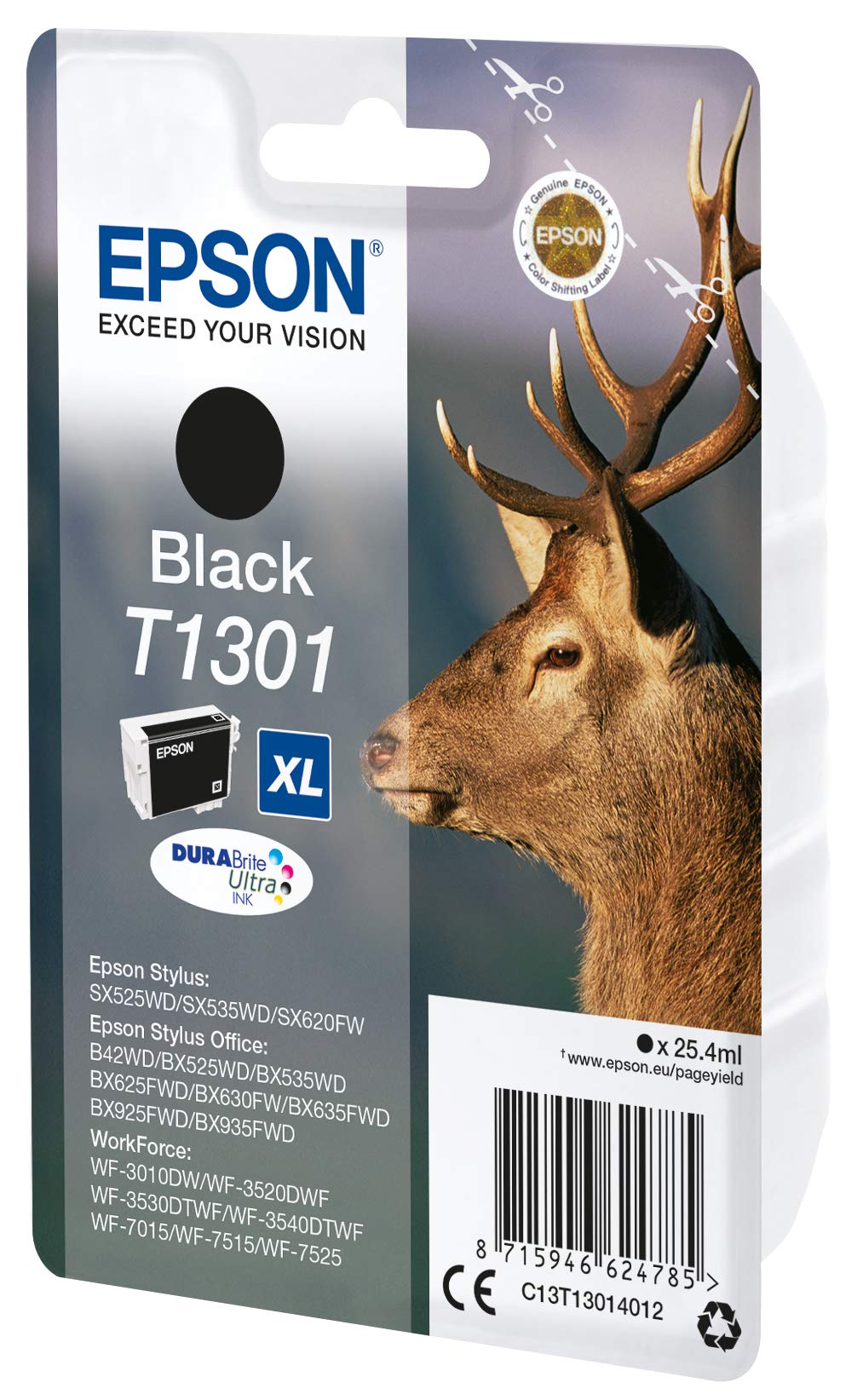 Epson Original T1301 Tinte Hirsch (SX420W BX320FW SX620FW BX/SX525WD BX625FWD BX305FW B42WD BX925FWD BX635FWD BX535WD SX435/440W BX630FW SX235W WF7015 7515 7525 3010 3520 3540) schwarz