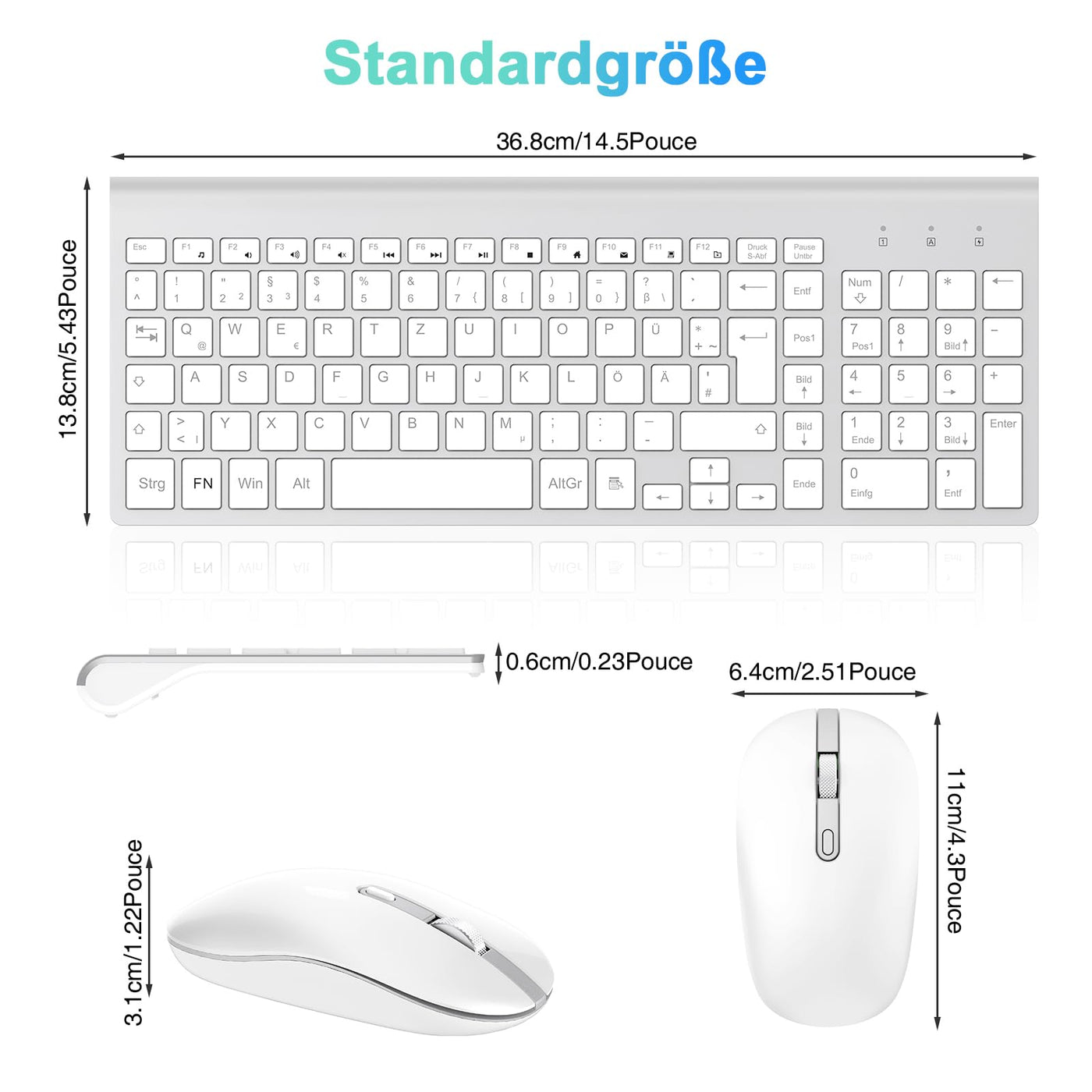 cimetech Tastatur Maus Set Kabellos, 2.4G Ultraslim Kabellose Tastatur mit Funkmaus, QWERTZ Deutsches Layout, 10m Reichweite, für PC, Desktop, Notebook, Laptop, Windows (Silber)