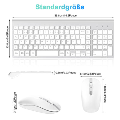 cimetech Tastatur Maus Set Kabellos, 2.4G Ultraslim Kabellose Tastatur mit Funkmaus, QWERTZ Deutsches Layout, 10m Reichweite, für PC, Desktop, Notebook, Laptop, Windows (Silber)