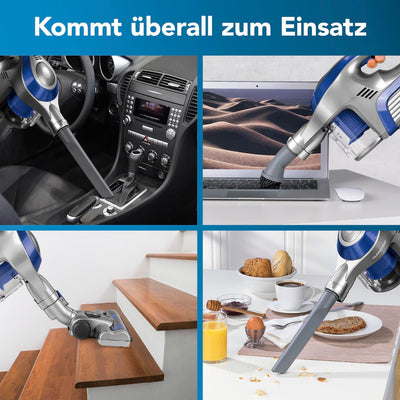 CLEANmaxx Akku-Zyklon-Staubsauger beutellos mit Akku | 2-in-1 Handstaubsauger, elektrisch rotierende Power-Rotation Düse | Energiesparen, 150 Watt [Blau/Grau]