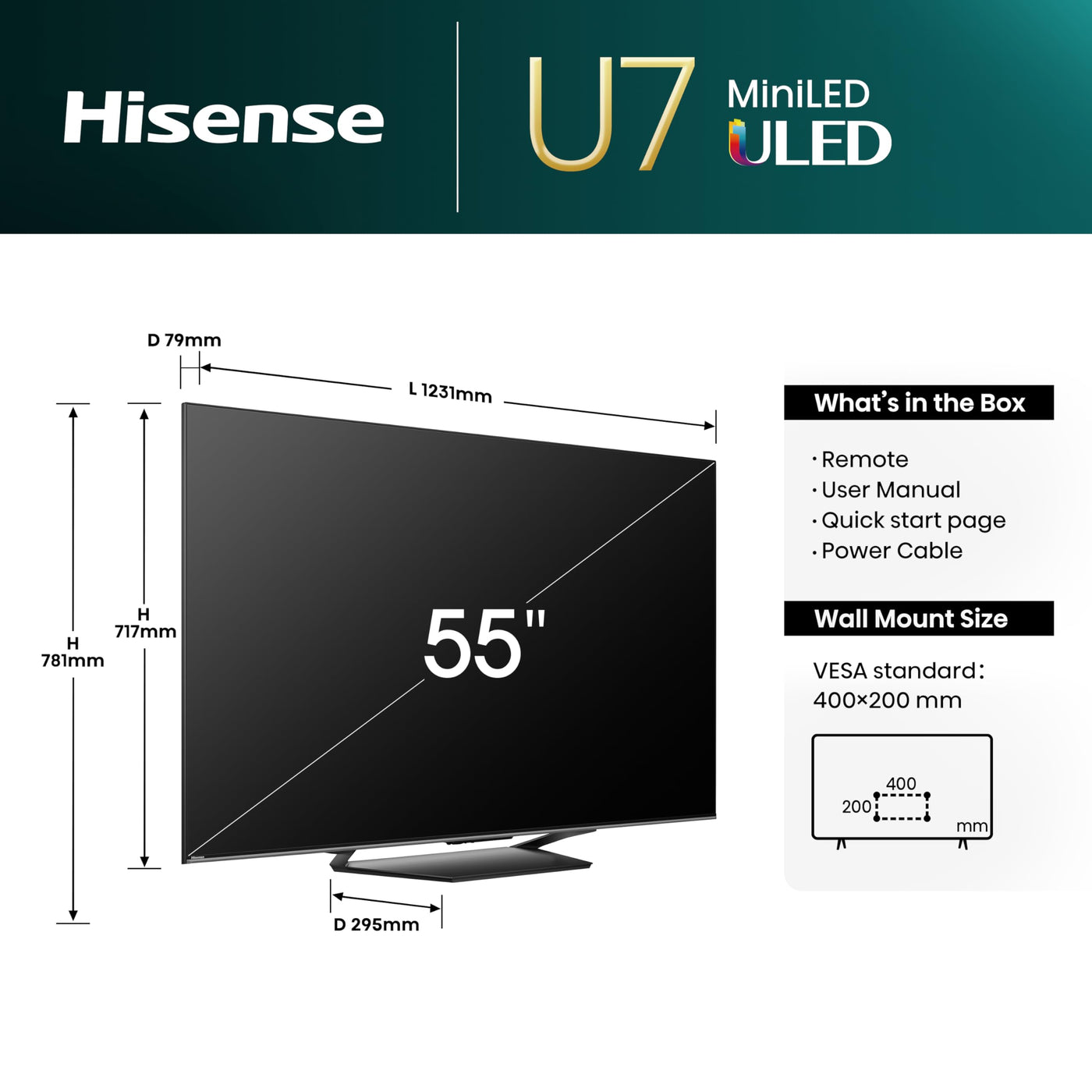 Hisense 55U7NQ 139cm (55 Zoll) Fernseher, 4K Mini LED ULED HDR Smart TV, Quantum Dot, 120Hz/ 144Hz VRR, HDMI 2.1, Game Mode Pro, Dolby Vision IQ & Atmos, Bluetooth, Alexa Built-in, Anthrazit, [2024]