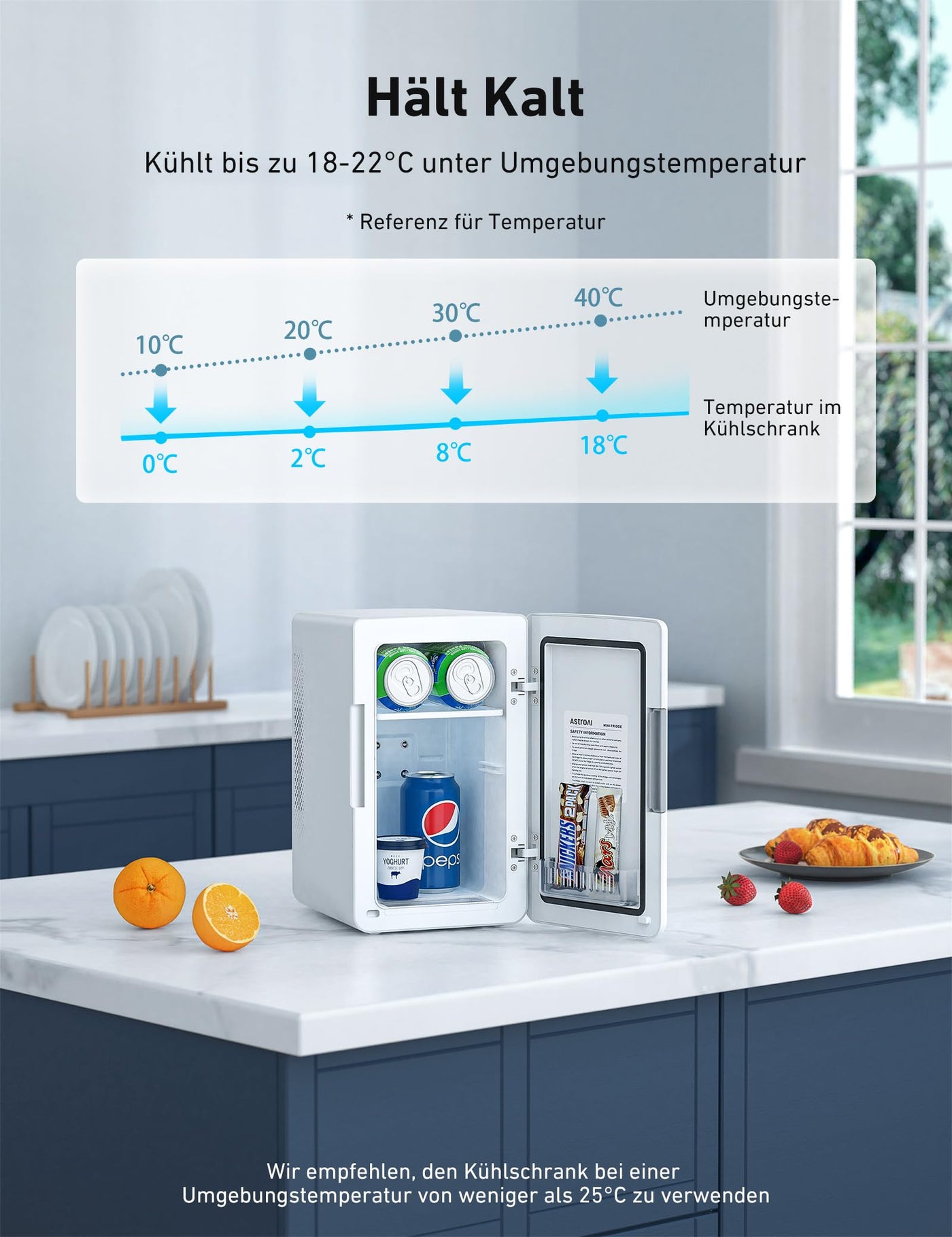 AstroAI 2 in 1 Mini Kühlschrank, 6 Liter Fridge / 8 Dosen mit Kühl- und Heizfunktion, 12V / 220V Steckdose für Autos, Büros und Schlafsäle, Weiß