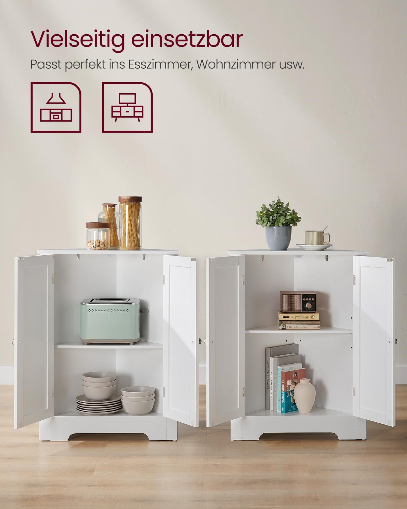 VASAGLE Eckschrank, Badezimmerschrank, mit Türen, verstellbare Ablage, für Badezimmer, Küche, Wohnzimmer, modern, Landhausstil, wolkenweiß BBC844P31