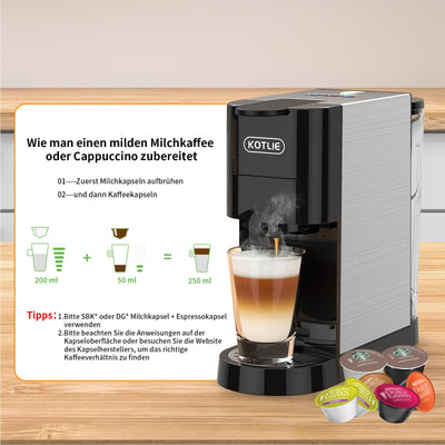 KOTLIE AC-513HF 5 in 1 Kaffeemaschine für Nespresso Original/Dolce Gusto/Lavazza a modo mio/Gemahlener Kaffee/ESE(44mm), Höhe für große Tassen (Schwarz)