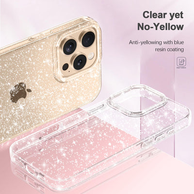 AROYI 5 in 1 Klar Glitzer Handyhülle Kompatibel mit iPhone 16 Pro Hülle Glitzer mit 2 Schutzfolie + 2 Kameraschutz, Handyhülle iPhone 16 Pro Transparent Weiche TPU Silikon Case [Anti-Yellowing]