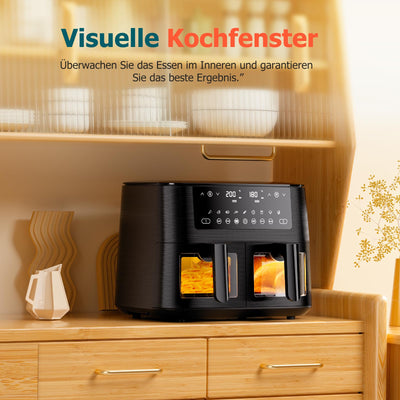 Dual Zone Heißluftfritteuse mit Sichtfenster, 9L XL Kapazität Doppel-Airfryer, 2 Schubladen, 9-in-1 Kochvorgaben, Touchscreen, Smart und Timer-Funktion, Gesunde Friteuse ohne Öl und fettarmes Kochen