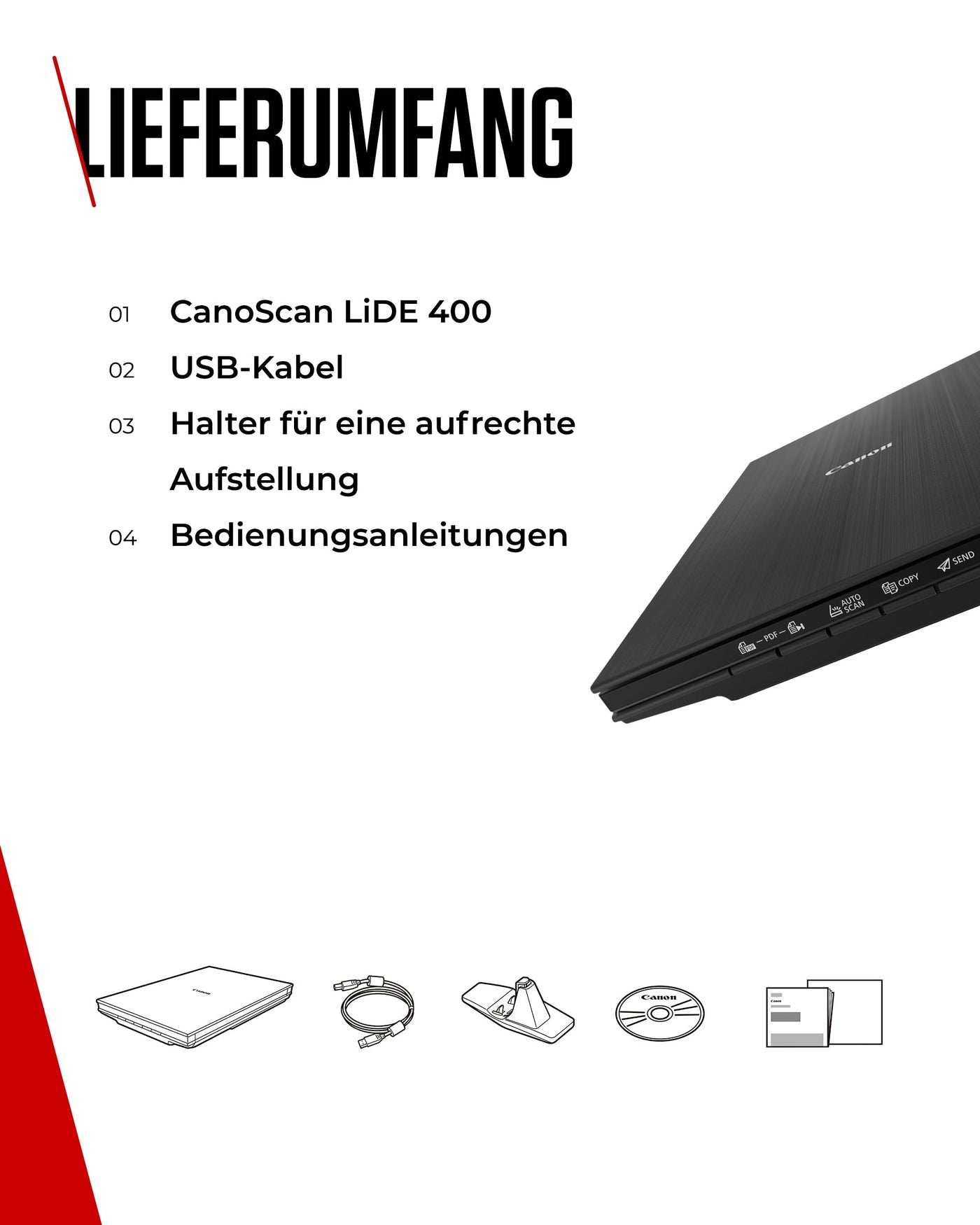 Canon Lide 400 Scanner (A4-Flachbett, CIS Sensor, 4,800 x 4,800 DPI, USB-Stromversorgung, 5 Scan-Buttons, Halter für senkrechte Aufstellung) schwarz