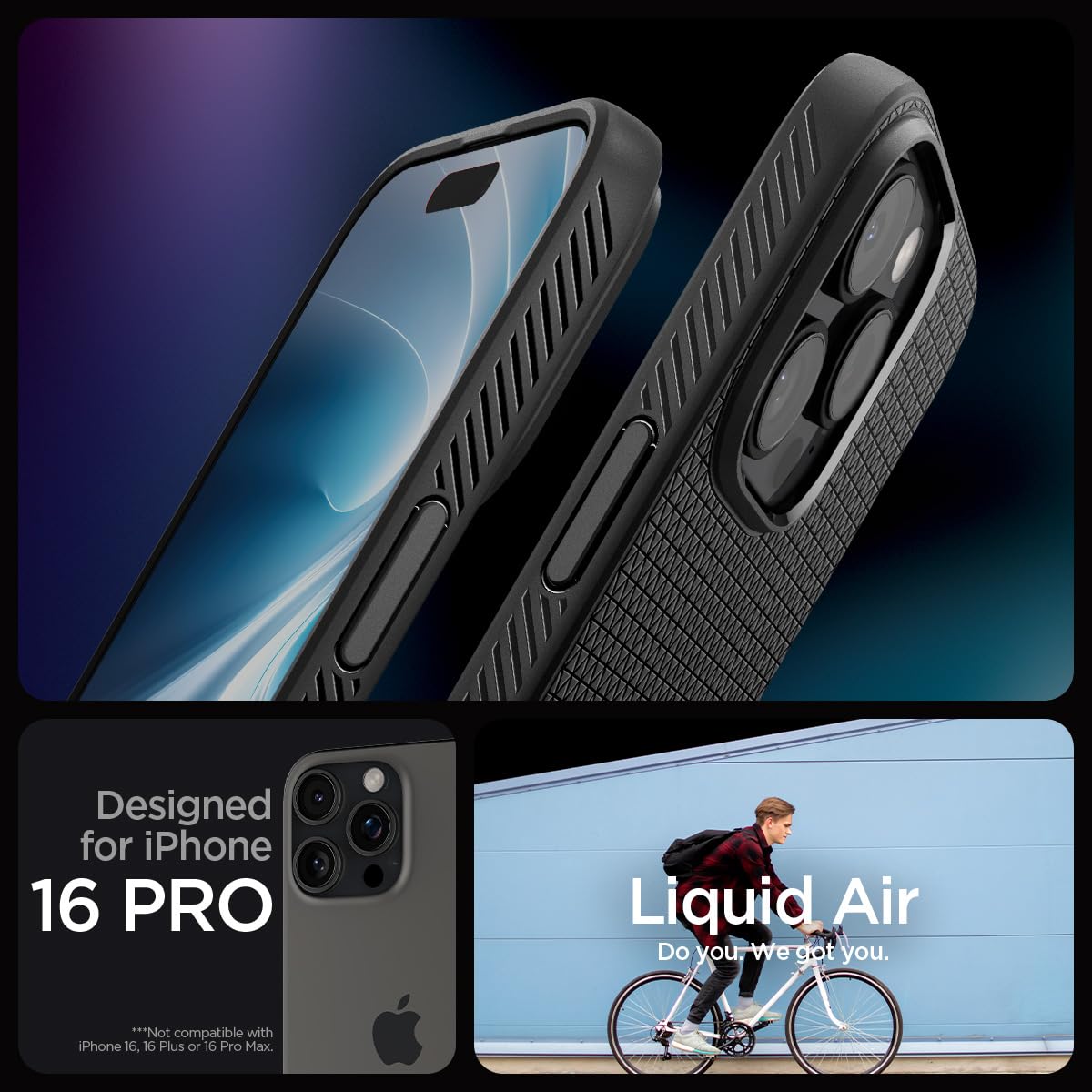 Spigen für iPhone 16 Pro Hülle [rutschfest] Liquid Air Case Handyhülle Schutzhülle Cover Dünn Slim -Matte Black