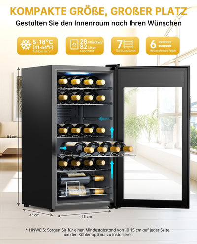 WIE Weinkühlschrank Compressor 82 Liter 28 Flaschen Getränkekühlschrank Kleiner Weinschrank Klein mit Glastür,Vollglas-Designtür mit LED Touchpanel,Anti-UV, Wine Fridge 5-18°C