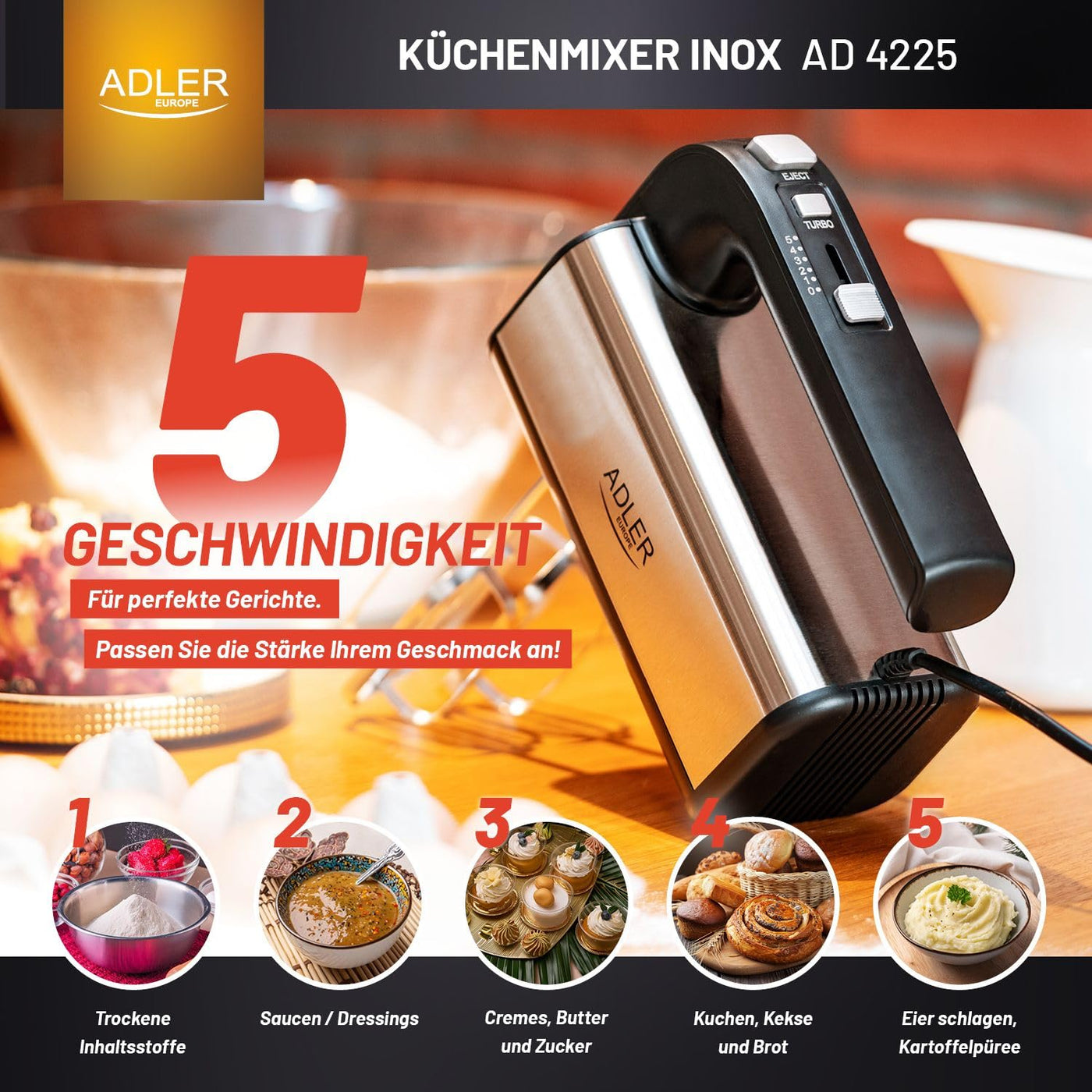 ADLER AD 4225 INOX Handmixer, 800 W, Küchenmaschine, Mixer mit 3 Funktionen, Handrührgerät, Handrührer, schwarz/silber, Küchenmixer