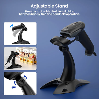 Eyoyo Barcode Scanner 2D, USB Verdrahtet Handheld QR Code Scanner mit Stand, Auto-Sensing Scanner für Handsfree, Screen Scanning Bar Code Reader für Computer POS Markt Bibliothek Store Medical