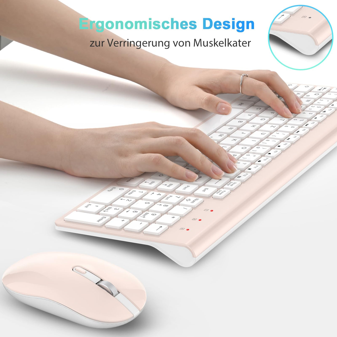 cimetech Tastatur Maus Set Kabellos, 2.4G Ultraslim Kabellose Tastatur mit Funkmaus, QWERTZ Deutsches Layout, 10m Reichweite, für PC, Desktop, Notebook, Laptop, Windows, (Rosenquarz)