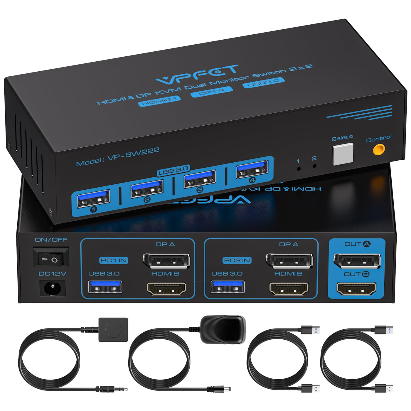 8K60Hz Displayport HDMI KVM Switch 2 PC 2 Monitore 4K120Hz USB 3.0 KVM Switches mit 4 USB Anschlüssen für zwei Computer mit gemeinsamem Dual-Monitor, Tastatur, Maus, Drucker und U-Disk