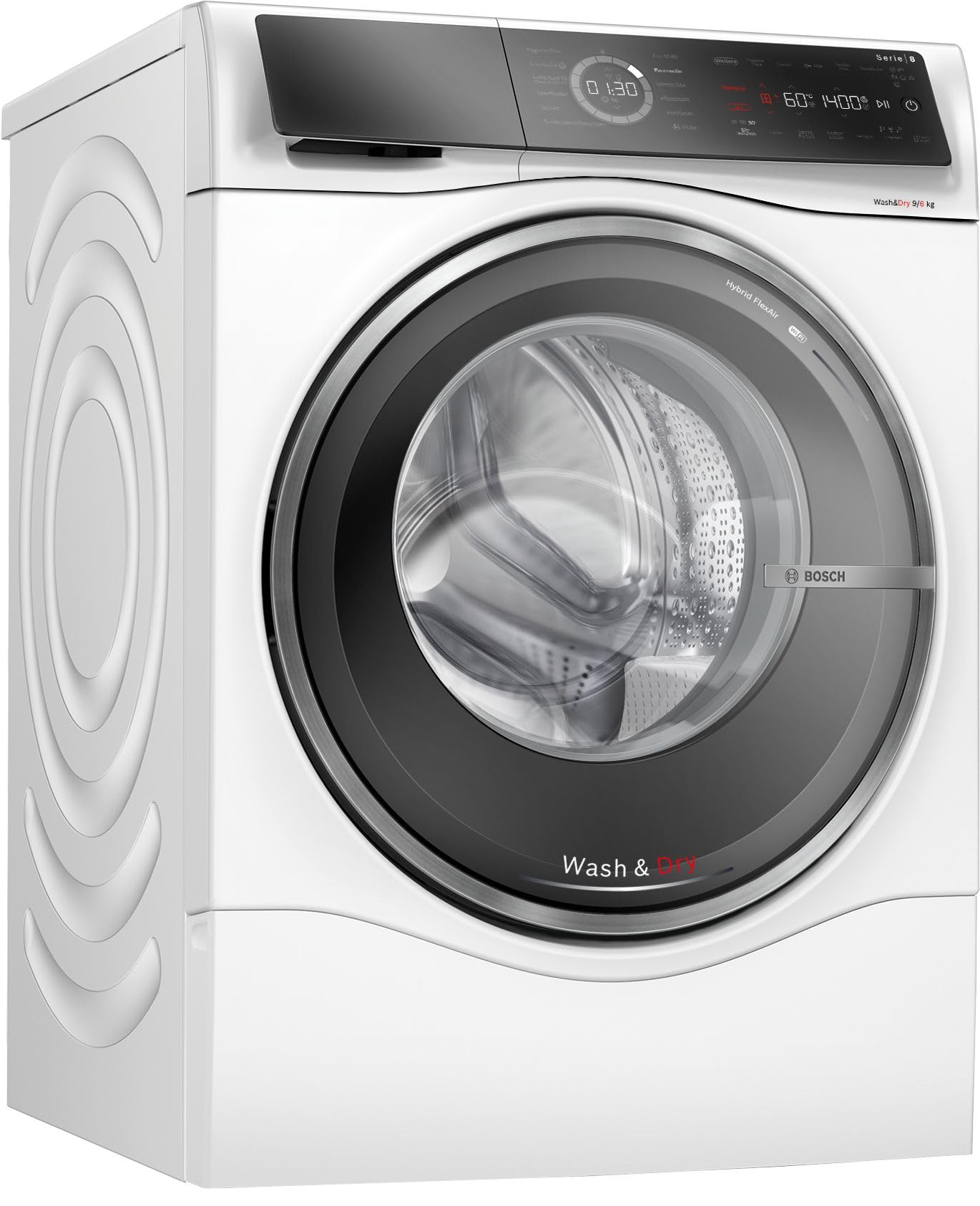 BOSCH WNC244070 Waschtrockner Serie 8, Frontlader mit 9-6kg Fassungsvermögen, 1400 UpM, Home Connect, EcoSilence Drive, Iron Assist, SpeedPerfect, AutoDry, Weiß, 60cm