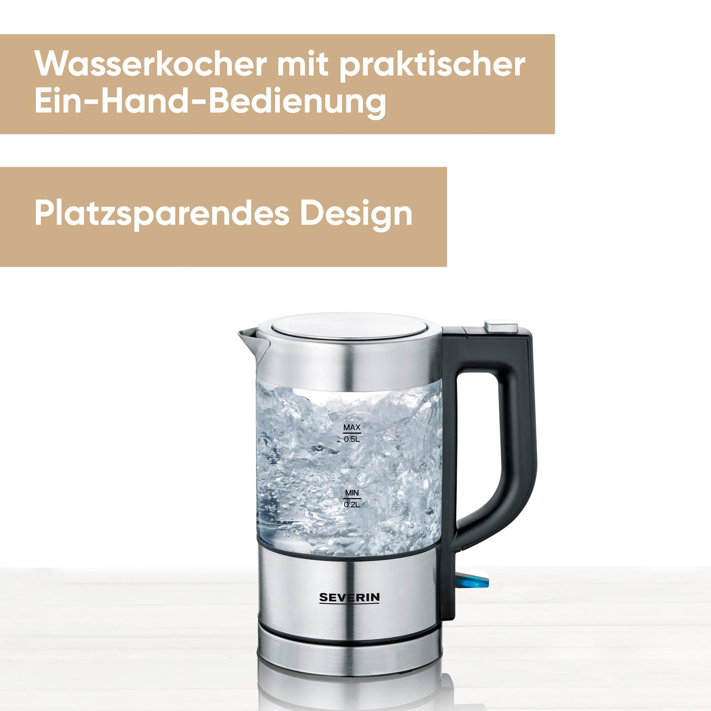 SEVERIN Mini Glas Wasserkocher 0,5 L, leistungsstarker und kompakter Wasserkocher in hochwertigem Design, elektrischer Wasserkocher mit Kalkfilter, edelstahl/schwarz, WK 3472