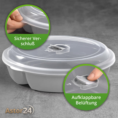 astor24 2er Set Mikrowellen Teller - Hohe Ausführung - Vorrats Dose Aufbewahrung Geschirr zum erhitzen, einfrieren mit 3 Fach Aufteilung Deckel mit Belüftung BPA frei (2er Set Grau)