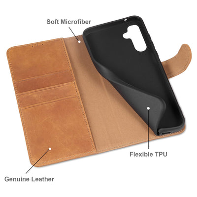 LENSUN Echtleder Hülle für Samsung Galaxy A55, Handyhülle [Echtes Leder][Kartenfach][RFID Schutz] Handytasche Flip Lederhülle für Samsung Galaxy A55 5G - Vintage Braun