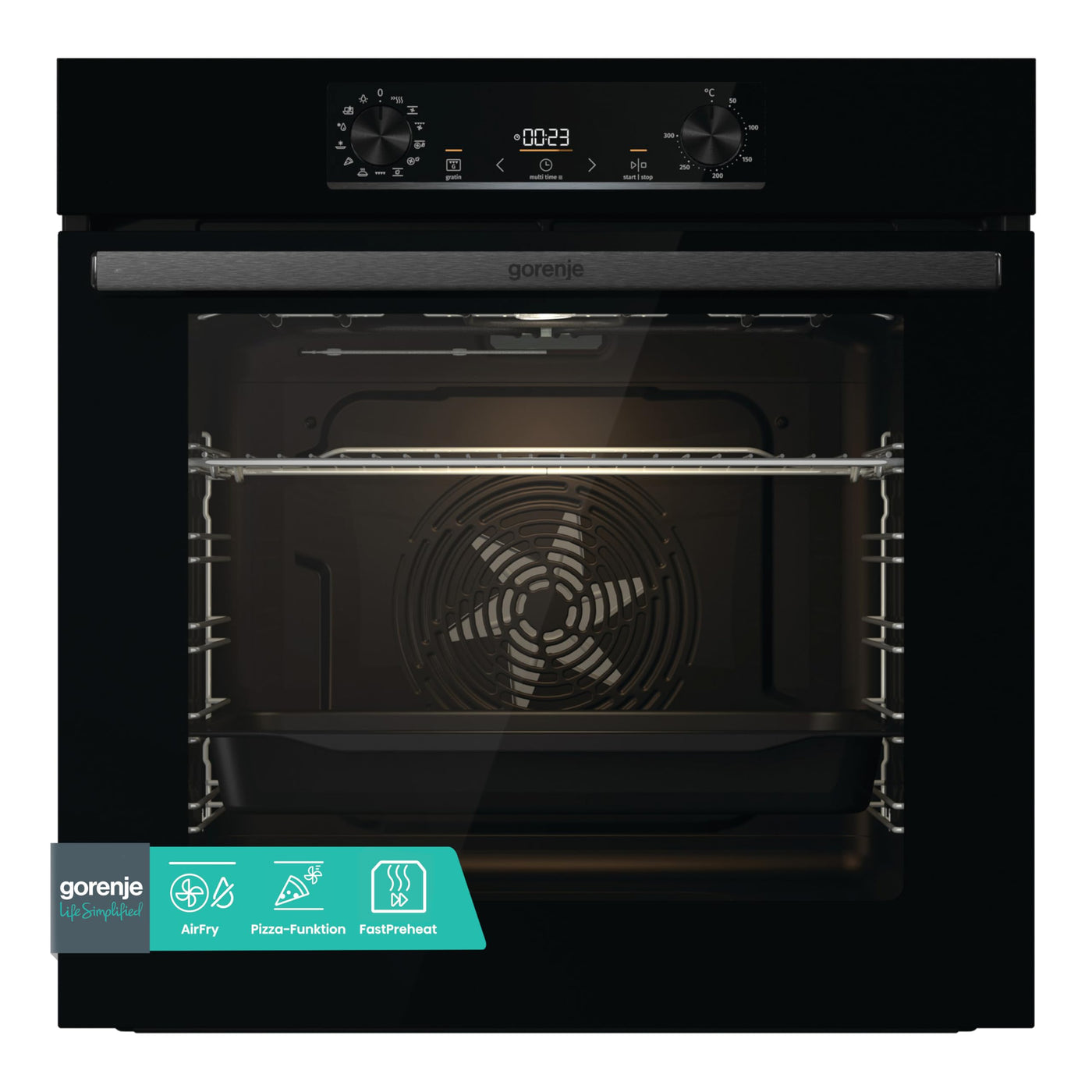 Gorenje OptiBake BOS6737 E02B Einbau-Backofen / 77L / AquaClean/Heißluft/ExtraSteam/AirFry/PerfectGrill/Pizzamode 300°C/Schwarz