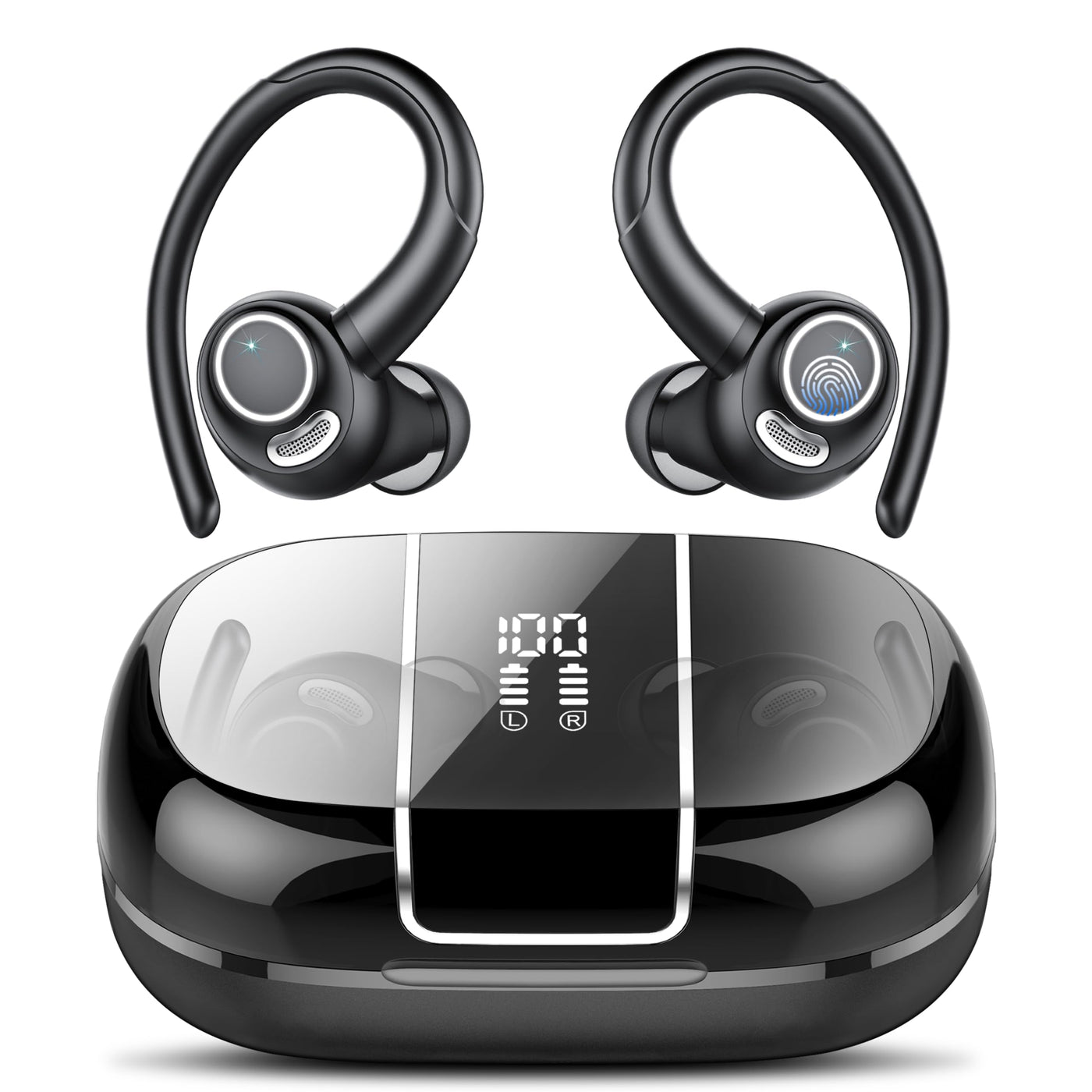 Csasan Bluetooth Kopfhörer Sport, Kopfhörer Kabellos Bluetooth 5.3 mit Ohrhaken, 48Std 3D Stereo In Ear Kopfhörer mit ENC Mic, Dual LED-Anzeige, Touch Control, IP7 Wasserdicht Ohrhörer(2024)