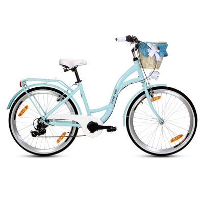 Goetze Mood 26 Zoll Damen Citybike, 17 Zoll Tiefeinsteiger Rahmen, 6-Gang Kettenschaltung, V-Bremse, LED-Beleuchtung, Gepäckträger, Komfortsattel, Schutzbleche, Rattankorb mit Stoffeinsatz!