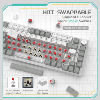 YINDIAO Ajazz AK820 Mechanische Tastatur mit Knopf,75% ANSI-Layout,81 Tasten,Kabelgebundene Gaming-Tastatur,Verbesserte Dichtungsmontage,Hot-Swap Roter Schalter,Eisweißes Licht,für PC,MAC (Grau&Weiß)