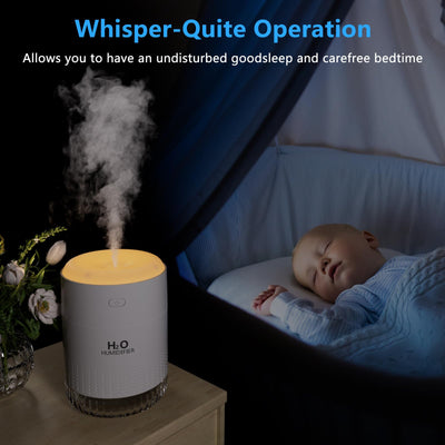 BAMCOO Luftbefeuchter Mini Luftbefeuchter klein USB einstellbar Mit Led-Licht AIR Humidifier mini with Soft Night Light für bedroom plants kinderzimmer Büro,Babyzimmer (White)