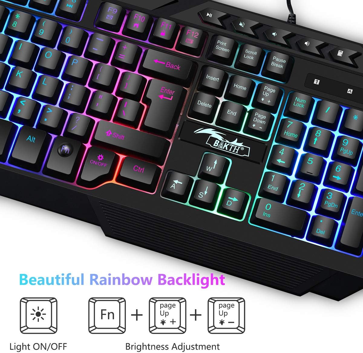 BAKTH Gaming Tastatur und Maus Set, LED Hintergrundbeleuchtung QWERTZ DE Layout, Regenbogen Farben Beleuchtete USB Wasserdicht Tastatur und Maus mit 3600 DPI für Pro PC Gamer