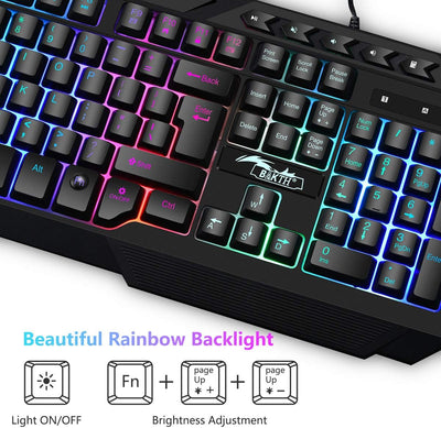 BAKTH Gaming Tastatur und Maus Set, LED Hintergrundbeleuchtung QWERTZ DE Layout, Regenbogen Farben Beleuchtete USB Wasserdicht Tastatur und Maus mit 3600 DPI für Pro PC Gamer