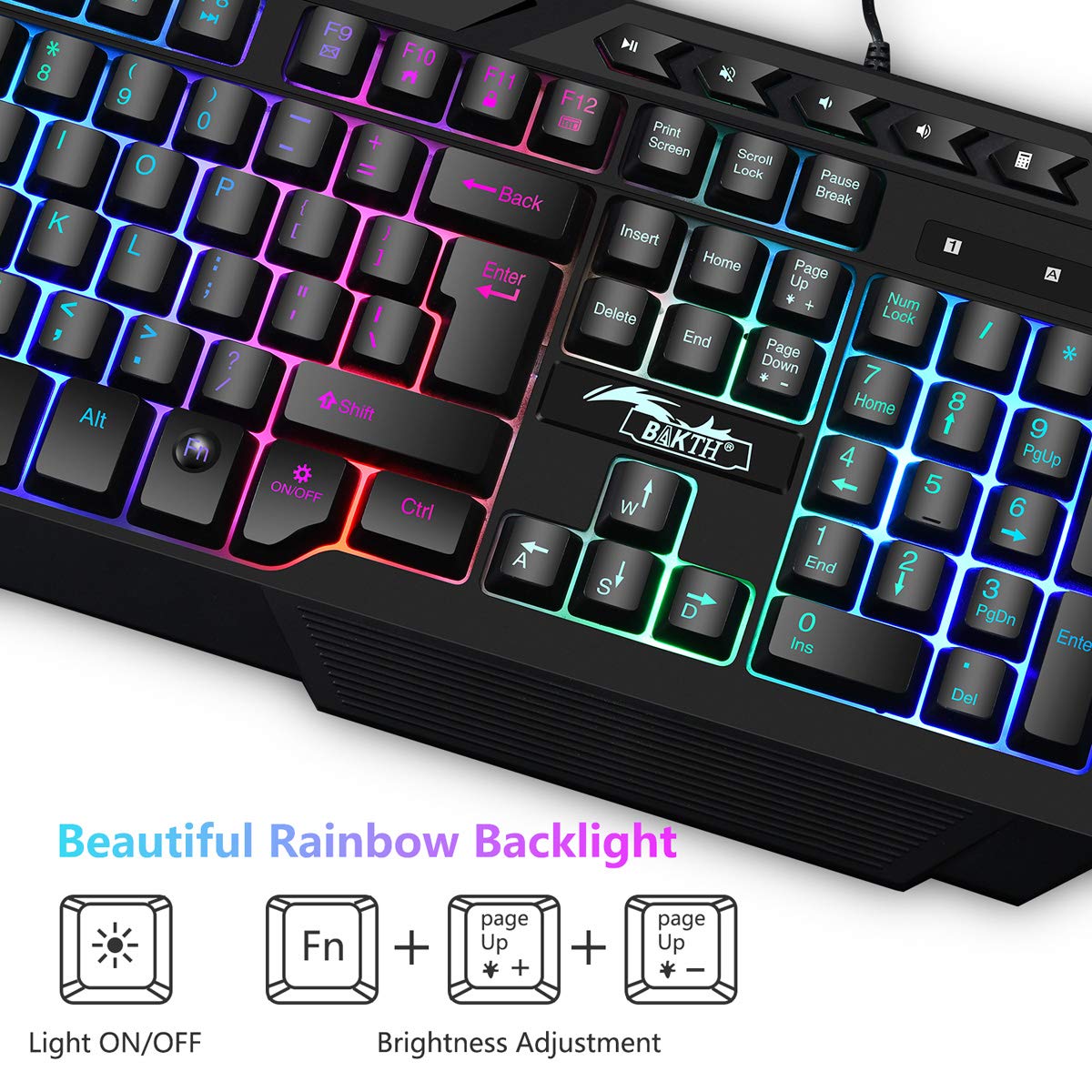 BAKTH Gaming Tastatur und Maus Set, LED Hintergrundbeleuchtung QWERTZ DE Layout, Regenbogen Farben Beleuchtete USB Wasserdicht Tastatur und Maus mit 3600 DPI für Pro PC Gamer