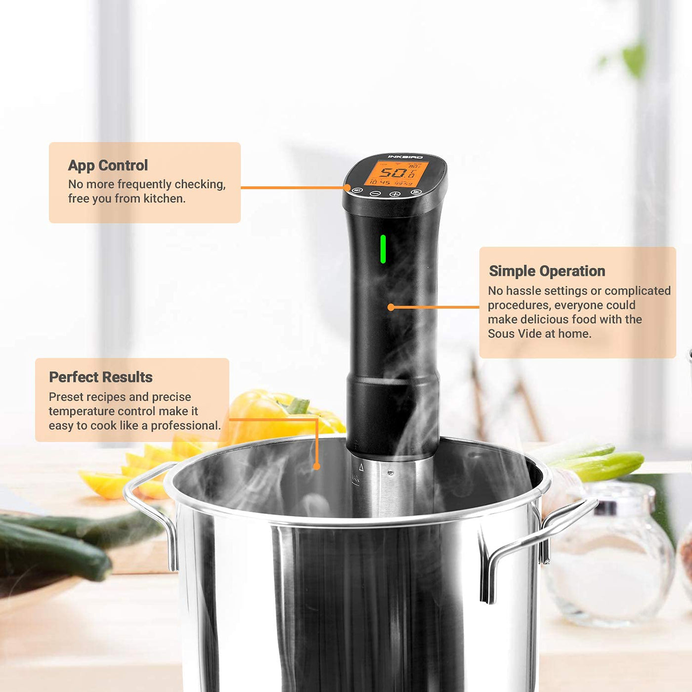 Inkbird Sous Vide Stick 1000 Watt,ISV-200W Sous Vide Garer App-Steuerung,360° Zirkulation,0℃-90℃ Temperatur