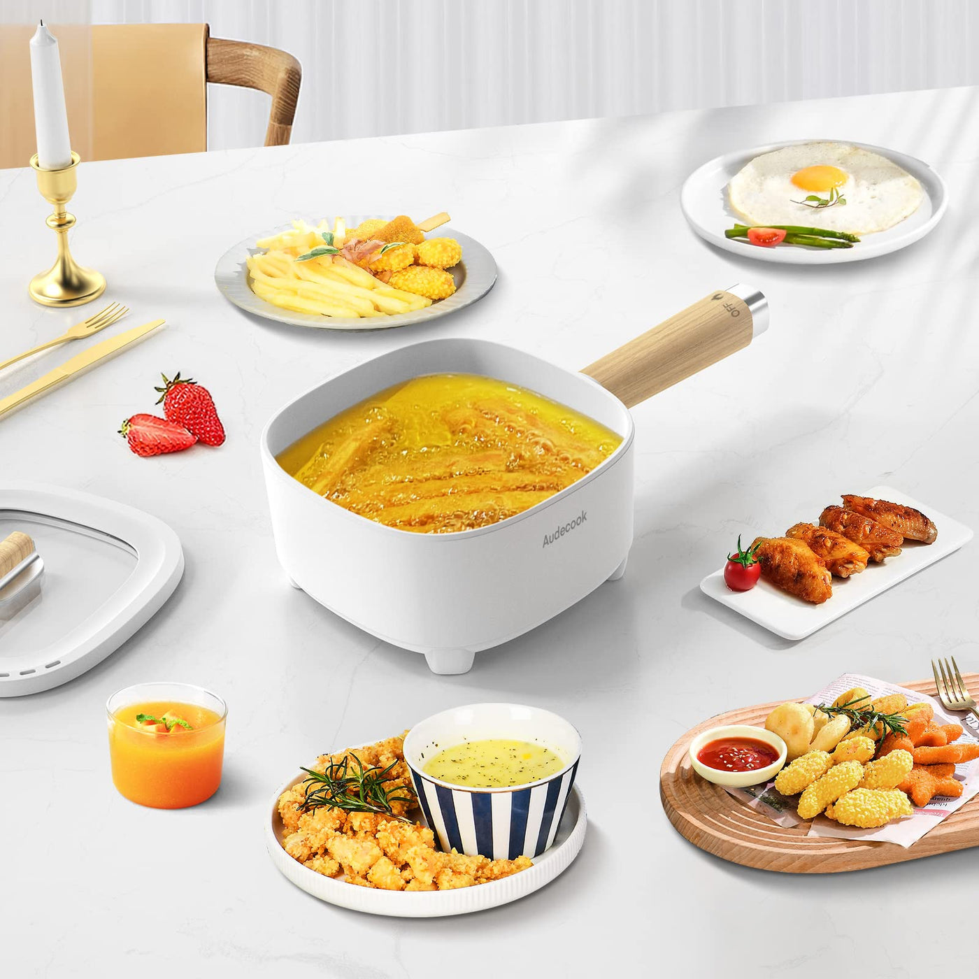 Audecook Elektrischer Hot Pot mit Dampfgarer, 2L/20cm Antihaft Elektropfanne mit Keramikglasur, Tragbarer Multikocher für Ramen, Steak, Ei, Haferflocken, Suppe, 350W/800W (E(WEISS,MIT DAMPFGARER))