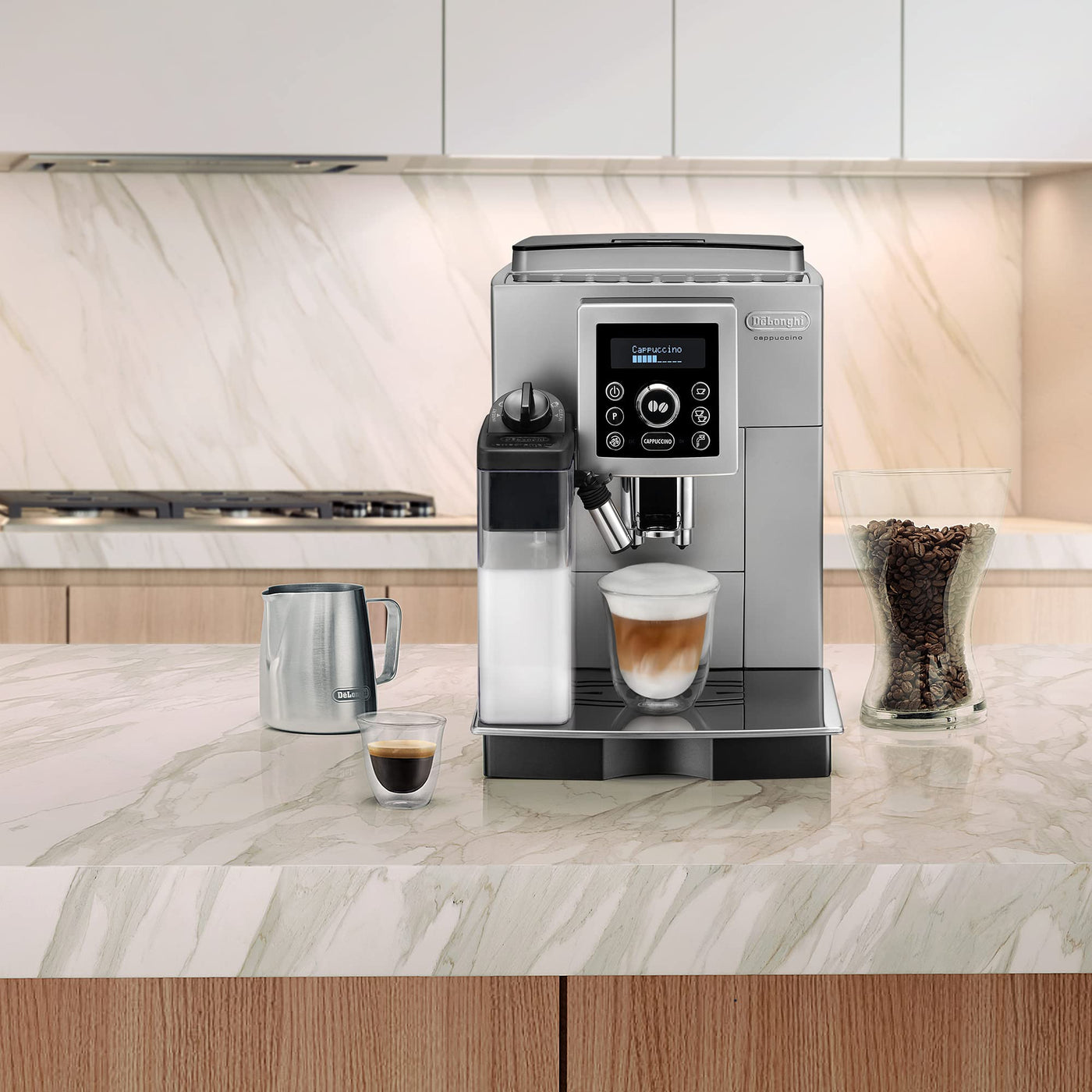 De'Longhi ECAM 23.460.SB Kaffeevollautomat (15 bar Druck, Automatik-Cappuccino-System, abnehmbarer Wassertank 1,8 l, LCD-Panel, automatische Reinigung) silber/schwarz