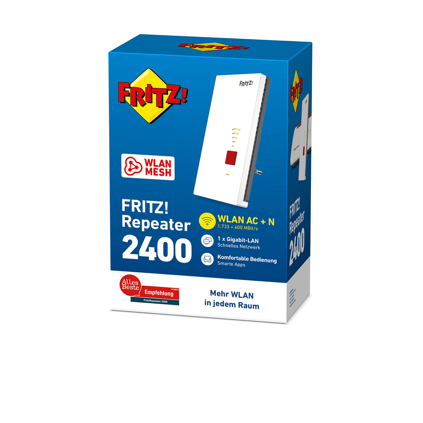 AVM FRITZ!WLAN Mesh Repeater 2400 (Dual-WLAN AC + N bis zu 1.733 MBit/s (5GHz) + 600 MBit/s(2,4 GHz), 1x Gigabit-LAN, deutschsprachige Version)