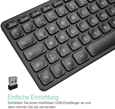 Arteck Kabellose Tastatur, Deutsches QWERTZ Layout wiederaufladbare USB Anschluss 2,4 GHz Kabellos Tastatur mit Multimedia-Tasten, Kompatibel mit PC, Computer, Notebook, Laptop, Windows 11, 10, 8