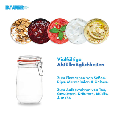 Flaschenbauer - 6-teiliges Set Drahtbügel-Vorratsgläser 1140ml, geeignet als Einmach- und Fermentierglas, zur Aufbewahrung, zum Befüllen, inklusive Etiketten, Gläser mit Drahtbügel - Made in Germany