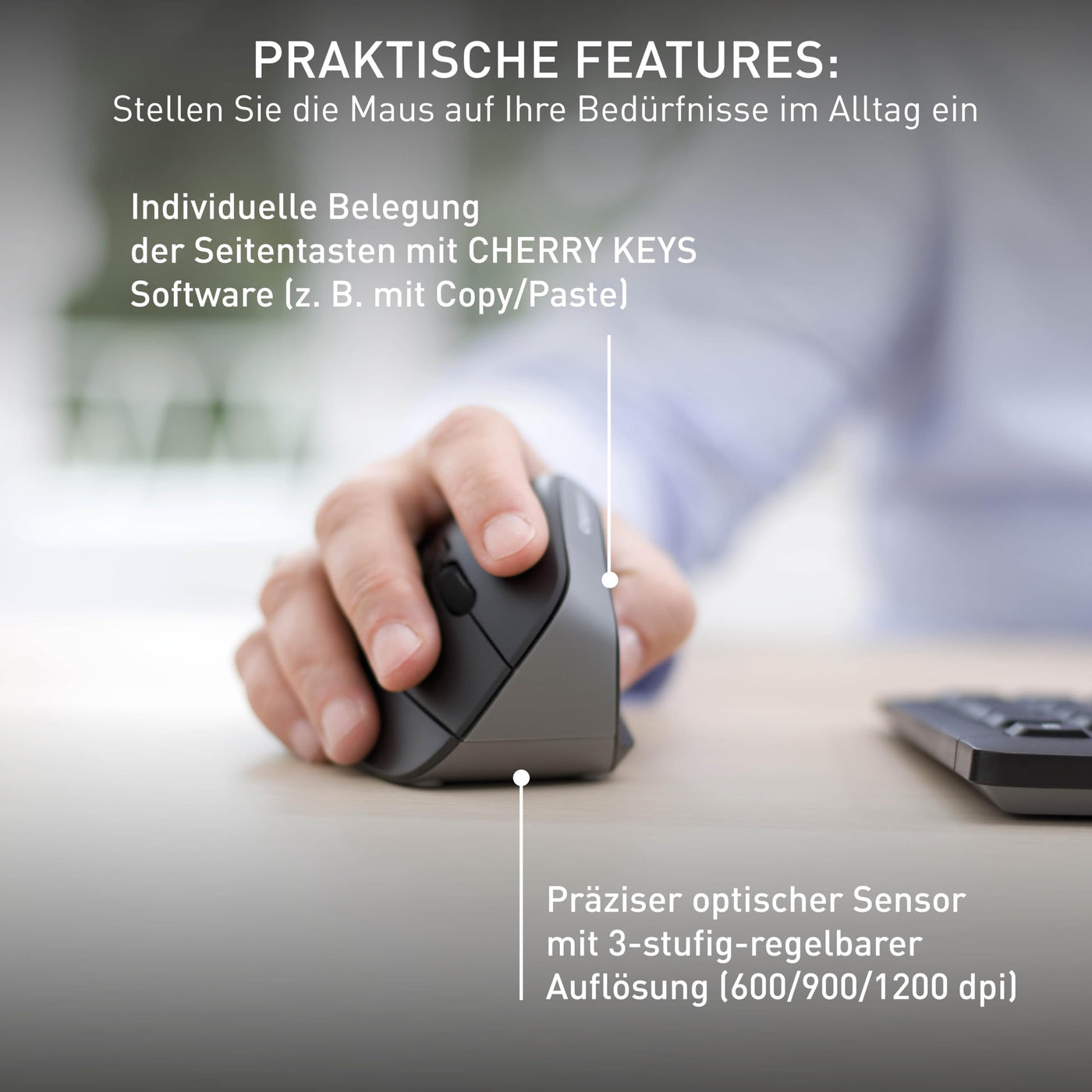 CHERRY MW 4500, Ergonomische Vertikale Maus für Rechtshänder, Kabellos (2,4 GHz Funk), 3-stufig regelbare Auflösung bis 1200 dpi, Batteriebetrieben, Schwarz