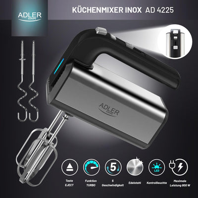 ADLER AD 4225 INOX Handmixer, 800 W, Küchenmaschine, Mixer mit 3 Funktionen, Handrührgerät, Handrührer, schwarz/silber, Küchenmixer