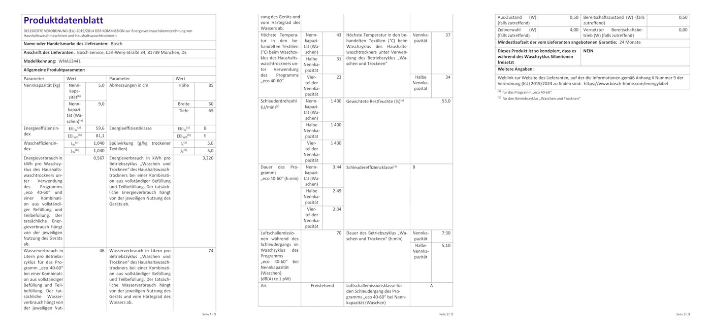 Bosch WNA13441 Serie 4 Waschtrockner, 9 kg Waschen & 5 kg Trocknen, 1400 UpM, optimale Trocknung, clevere Dampfbehndlung, leiser und effizienter Motor, Wäschepflege in 60 Minuten