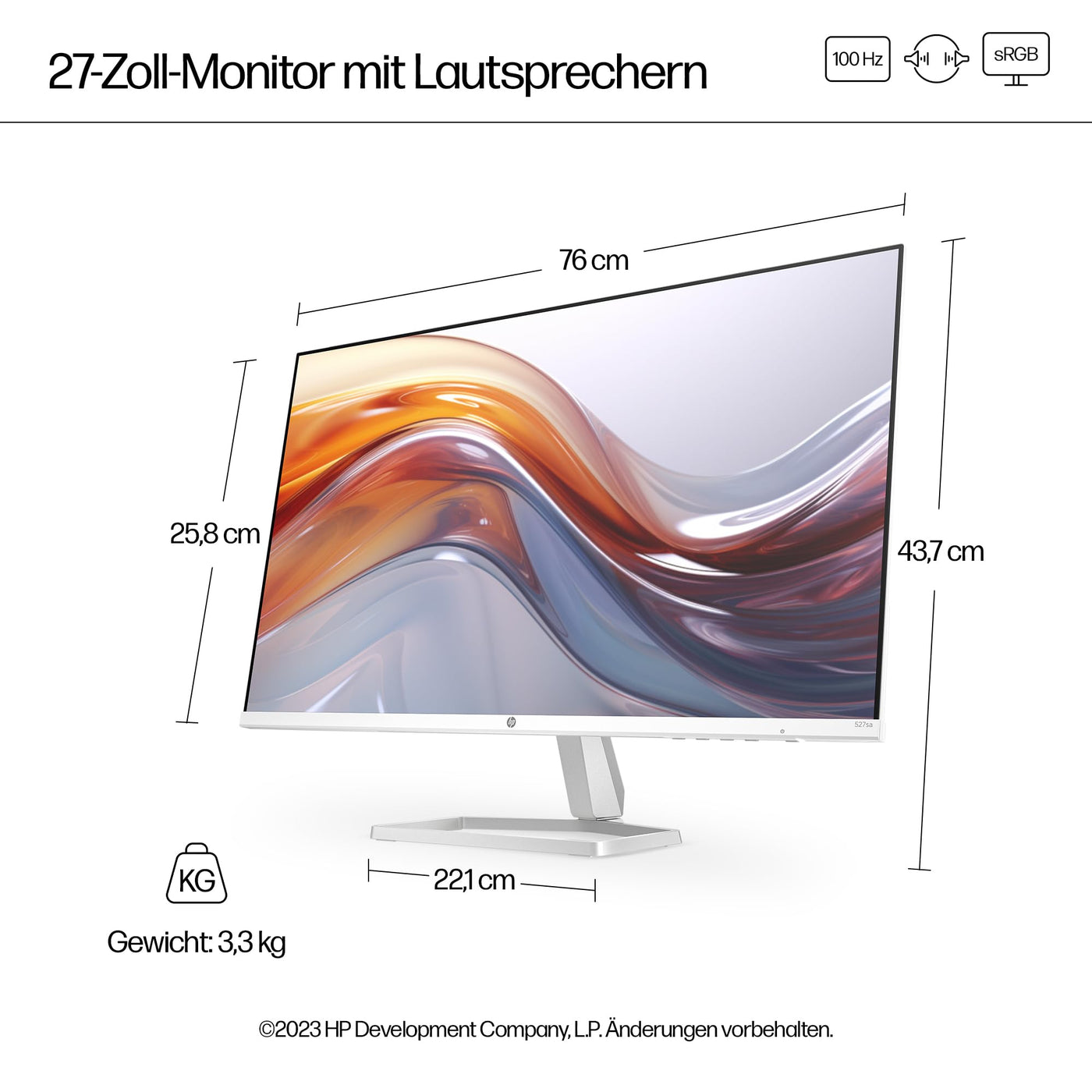 Écran HP série 5 527sa FHD IPS avec haut-parleurs | 68,6 cm (27 pouces) | 100 Hz | Contraste 1500:1 | 99 % sRVB | Double HDMI 1.4 | VGA | Sortie/entrée audio | Antireflet | Inclinable | Durable | Blanc