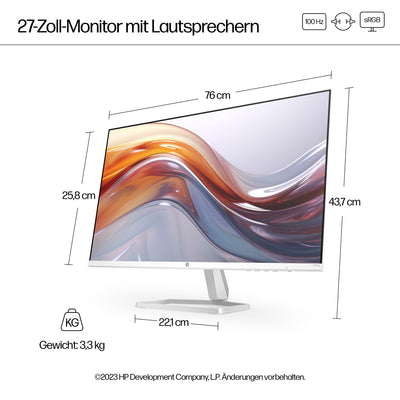 Écran HP série 5 527sa FHD IPS avec haut-parleurs | 68,6 cm (27 pouces) | 100 Hz | Contraste 1500:1 | 99 % sRVB | Double HDMI 1.4 | VGA | Sortie/entrée audio | Antireflet | Inclinable | Durable | Blanc