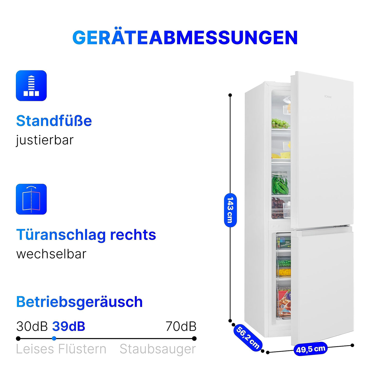 Bomann® Kühlschrank mit Gefrierfach 143cm hoch | Kühl Gefrierkombination 175L mit 3 Ablagen & 3 Schubladen | Türanschlag wechselbar | leise Kühlgefrierkombi 39db | Kühlschrank KG 320.2 weiß