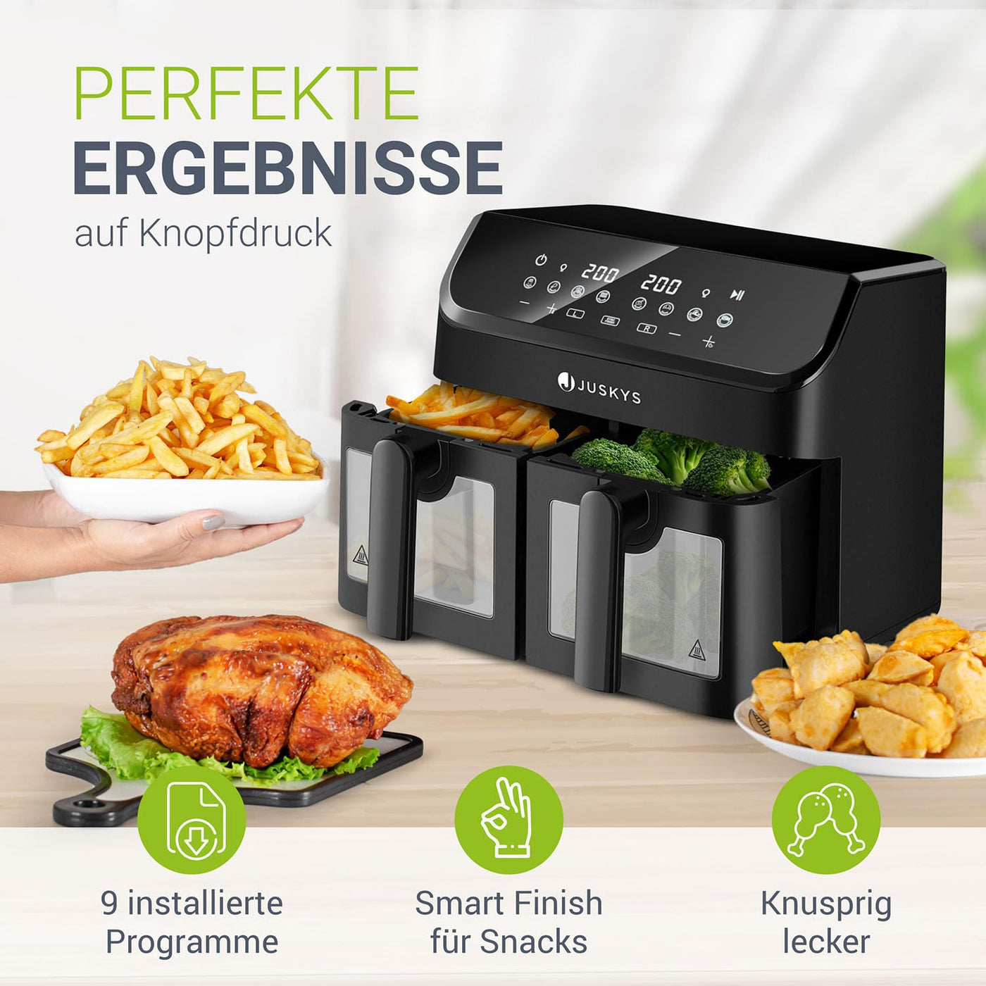 Juskys Heißluftfritteuse 9 L Doppelkammer - XXL Fritteuse mit 2 Körben, 9 Programme, Smart Finish, teflonbeschichtet