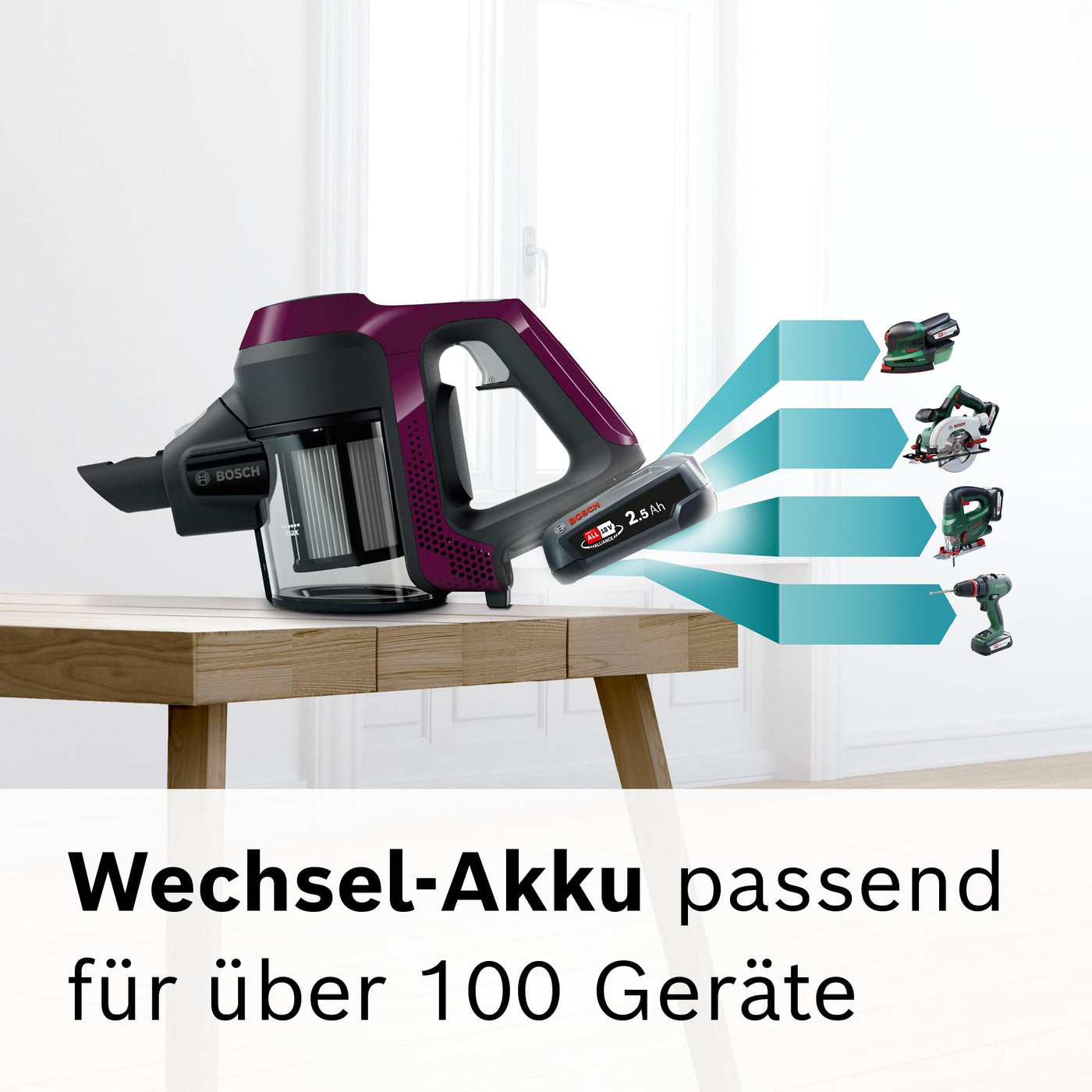 Bosch Akku-Staubsauger Unlimited Serie 6 BCS6111P, kabelloser Handstaubsauger, beutellos, leicht, Hygiene-Filter, hohe Saugleistung, Lange Laufzeit, Fugendüse, alle Bodenarten, lila