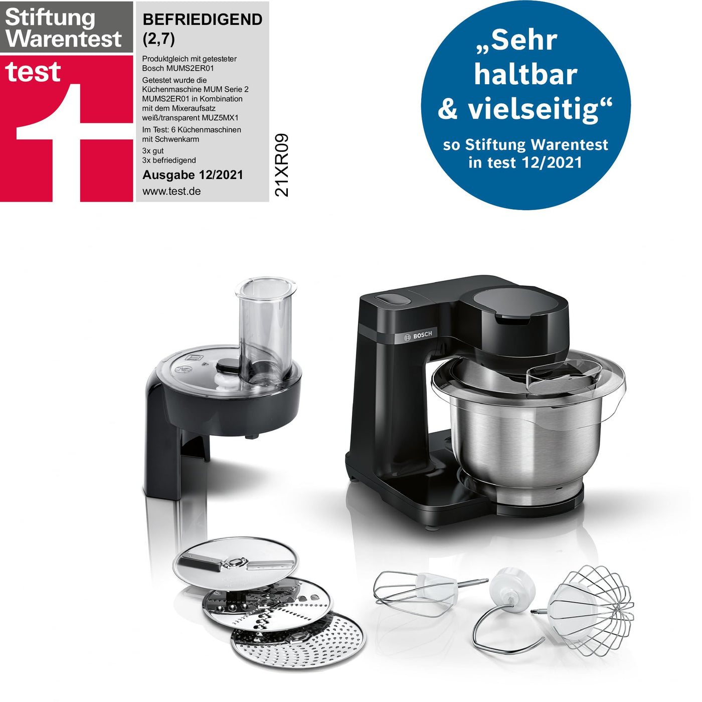 Bosch Küchenmaschine MUM Serie 2 MUMS2EB01, Edelstahl-Schüssel 3,8 L, Planetenrührwerk, Knethaken, Schlag-, Rührbesen Edelstahl, Durchlaufschnitzler, 3 Scheiben, 700 W, schwarz