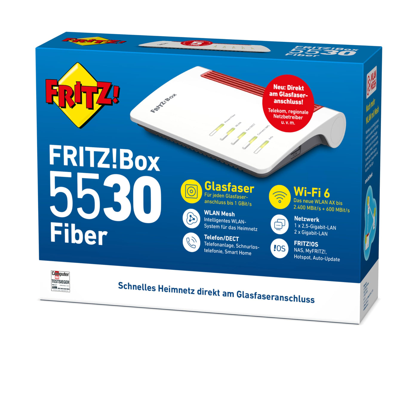 AVM FRITZ!Box 5530 Fiber | Router für einen Glasfaseranschluss (Glasfasermodem mit 2x2 Wi-Fi 6 (WLAN AX), bis zu 3 GBit/s, 2.5-Gigabit-LAN-Port, geeignet für Deutschland)